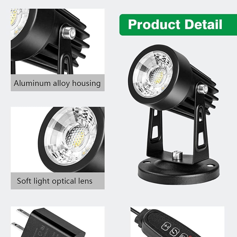 Vidinis 3 W trijų spalvų mažas prožektorius su reguliuojamu ryškumu, reguliuojama spalvų temperatūra, gali būti reguliariai komplektuojamas su važiuoklės įžeminimo kištuku vidaus kraštovaizdžio apšvietimui.