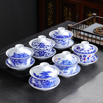 Didelio baltumo porceliano padidinimo 300 ml mėlynai baltas dubenėlis su dangteliu arbatai Didelis dubenėlis Yuan mėlynai baltas Sancai dubenėlis Trijų baterijų aštuonių lobių arbatai skirti dubenėliai