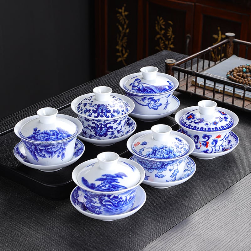 Augsti balta porcelāna palielināta 300 ml zila un balta vāka tējas bļoda, liela bļoda, juaņa zila un balta sancai bļoda, trīs bateriju astoņu dārgumu tējas bļoda, palielināta 300 ml