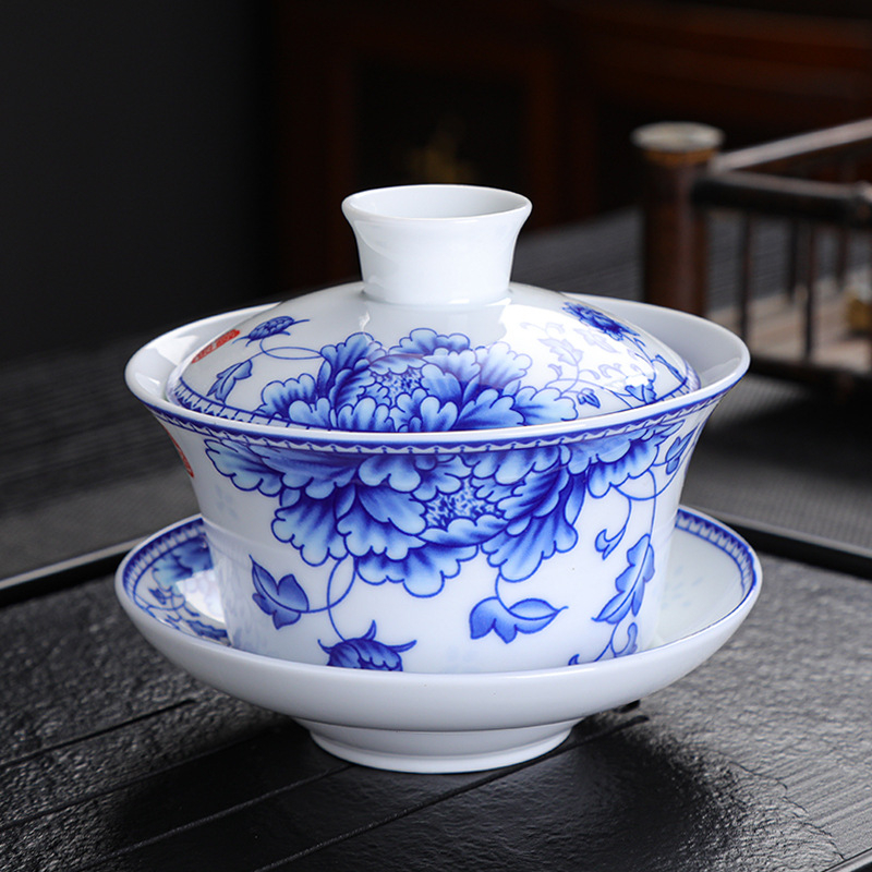 Didelio baltumo porceliano padidinimo 300 ml mėlynai baltas dubenėlis su dangteliu arbatai Didelis dubenėlis Yuan mėlynai baltas Sancai dubenėlis Trijų baterijų aštuonių lobių arbatai skirti dubenėliai