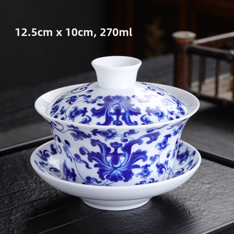 Didelio baltumo porceliano padidinimo 300 ml mėlynai baltas dubenėlis su dangteliu arbatai Didelis dubenėlis Yuan mėlynai baltas Sancai dubenėlis Trijų baterijų aštuonių lobių arbatai skirti dubenėliai