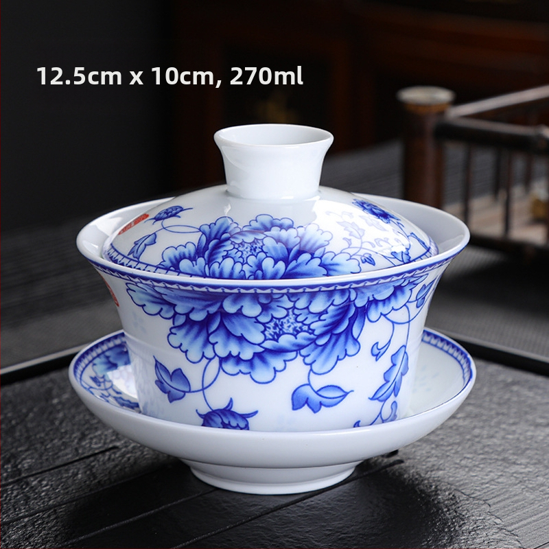 Didelio baltumo porceliano padidinimo 300 ml mėlynai baltas dubenėlis su dangteliu arbatai Didelis dubenėlis Yuan mėlynai baltas Sancai dubenėlis Trijų baterijų aštuonių lobių arbatai skirti dubenėliai