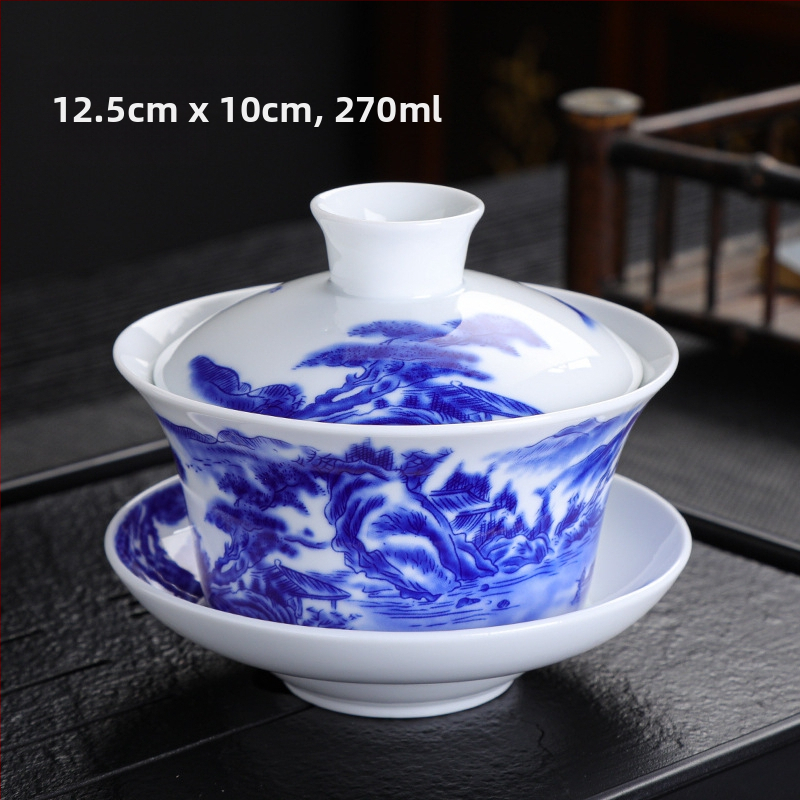 Didelio baltumo porceliano padidinimo 300 ml mėlynai baltas dubenėlis su dangteliu arbatai Didelis dubenėlis Yuan mėlynai baltas Sancai dubenėlis Trijų baterijų aštuonių lobių arbatai skirti dubenėliai