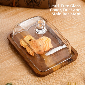 Piiriülene kuummüügisuupiste-magustoidukoogi magustoidutaldrik ristkülikukujuline akaatsiapuust võitaldrik klaasist kaanega juustuvõitaldrik