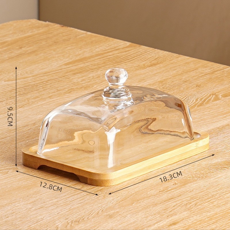 Piiriülene kuummüügisuupiste-magustoidukoogi magustoidutaldrik ristkülikukujuline akaatsiapuust võitaldrik klaasist kaanega juustuvõitaldrik