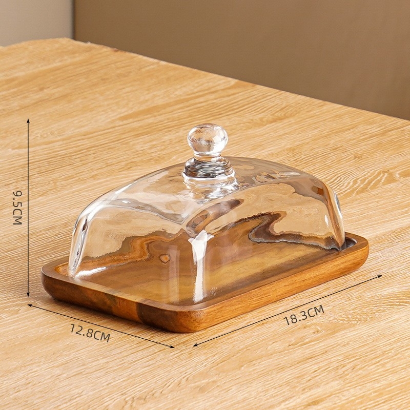 Piiriülene kuummüügisuupiste-magustoidukoogi magustoidutaldrik ristkülikukujuline akaatsiapuust võitaldrik klaasist kaanega juustuvõitaldrik