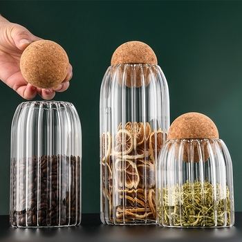Сферичен корков гофриран запечатан буркан Кухненски запечатан гофриран буркан за съхранение с корков капак Буркан за съхранение от високо боросиликатно стъкло