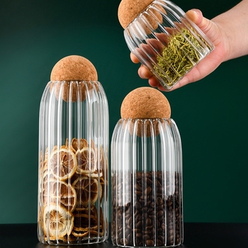 Σφαιρικό βάζο από φελλό με κυματοειδές σφραγισμένο δοχείο αποθήκευσης κουζίνας, βάζο αποθήκευσης από υψηλό βοριοπυριτικό γυαλί με κάλυμμα φελλού