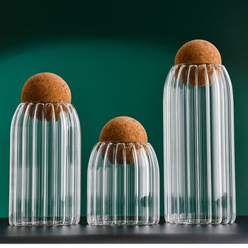 Σφαιρικό βάζο από φελλό με κυματοειδές σφραγισμένο δοχείο αποθήκευσης κουζίνας, βάζο αποθήκευσης από υψηλό βοριοπυριτικό γυαλί με κάλυμμα φελλού