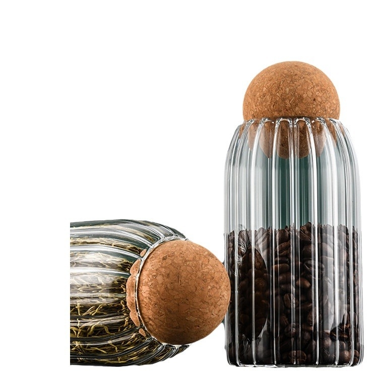Сферичен корков гофриран запечатан буркан Кухненски запечатан гофриран буркан за съхранение с корков капак Буркан за съхранение от високо боросиликатно стъкло
