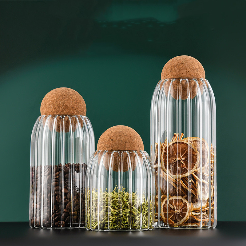 Сферичен корков гофриран запечатан буркан Кухненски запечатан гофриран буркан за съхранение с корков капак Буркан за съхранение от високо боросиликатно стъкло