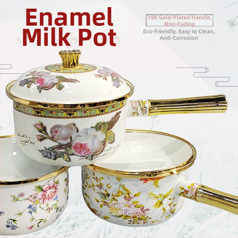 Emalinis puodas Emalinis emalinis pieno puodas Vienos rankenos pieno puodas Sriubos puodas Sutirštintas kūdikių maisto papildas su dangčiu Internetas Populiarus ypač storas