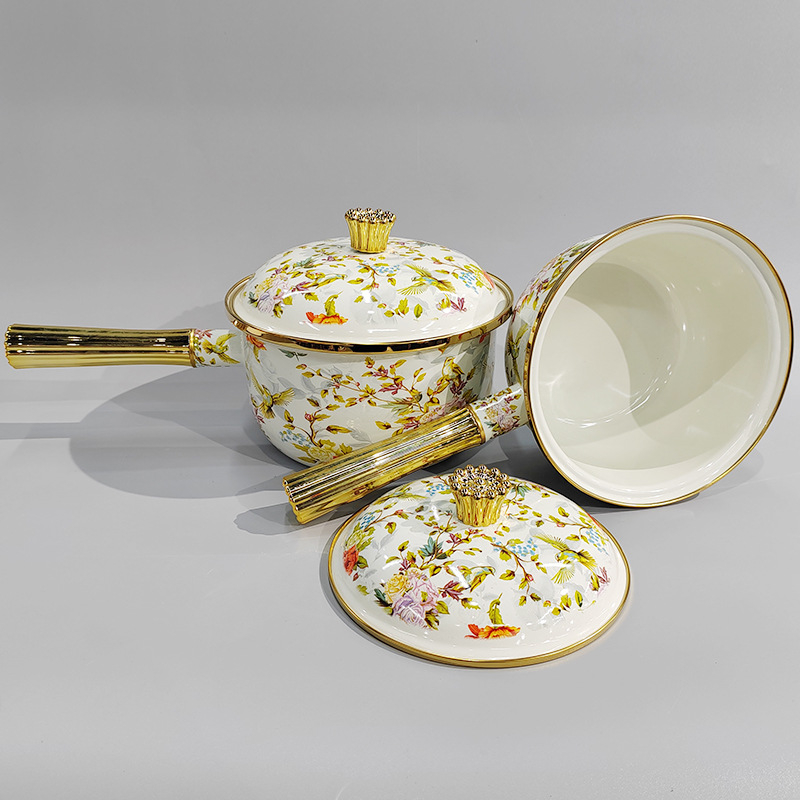 Emalinis puodas Emalinis emalinis pieno puodas Vienos rankenos pieno puodas Sriubos puodas Sutirštintas kūdikių maisto papildas su dangčiu Internetas Populiarus ypač storas