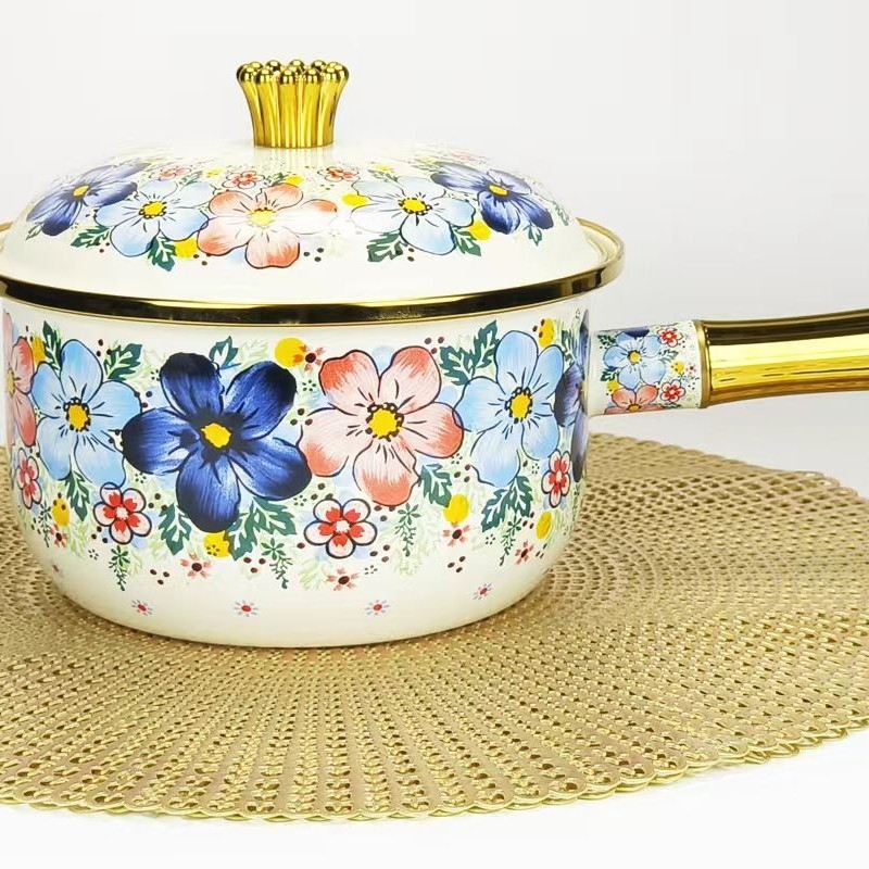 Emalinis puodas Emalinis emalinis pieno puodas Vienos rankenos pieno puodas Sriubos puodas Sutirštintas kūdikių maisto papildas su dangčiu Internetas Populiarus ypač storas