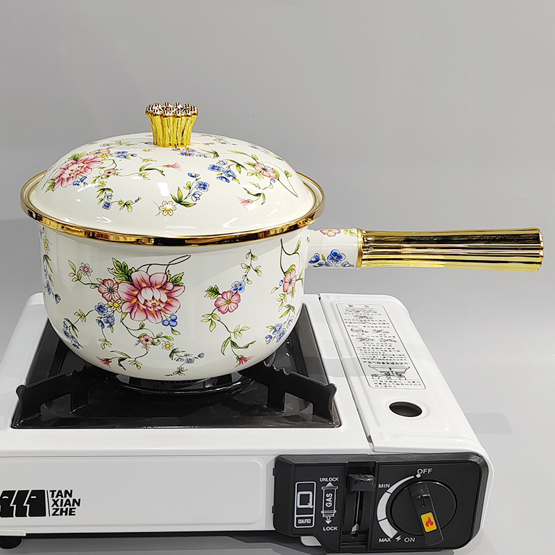 Emalinis puodas Emalinis emalinis pieno puodas Vienos rankenos pieno puodas Sriubos puodas Sutirštintas kūdikių maisto papildas su dangčiu Internetas Populiarus ypač storas