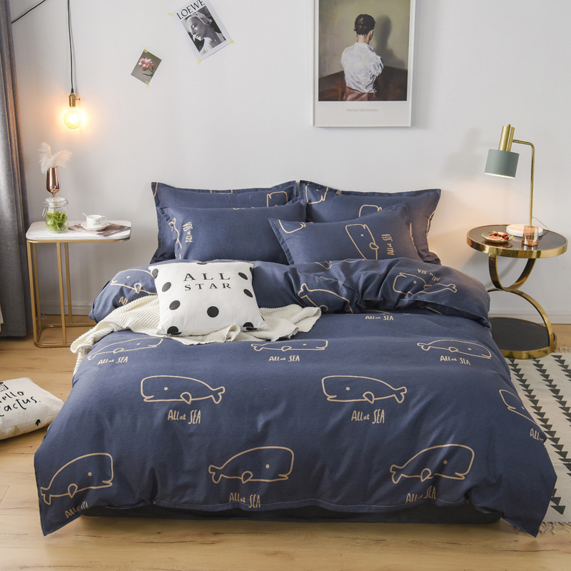 Egyszerű őszi és téli vastagított csiszolású négyrészes szett kollégiumi friss pamut ágyneműhuzat háromrészes szett bőrbarát pamut meztelen alváshoz