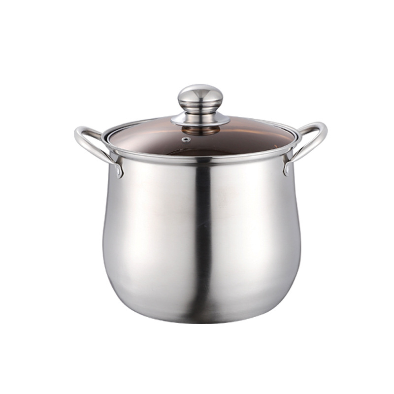 Gyári közvetlen beszerzésű rozsdamentes acél levesesfazék, ív alakú, nagy kapacitású, 22 cm magas levesesfazék, üzleti ajándék, lóbanda ajándék levesesfazék