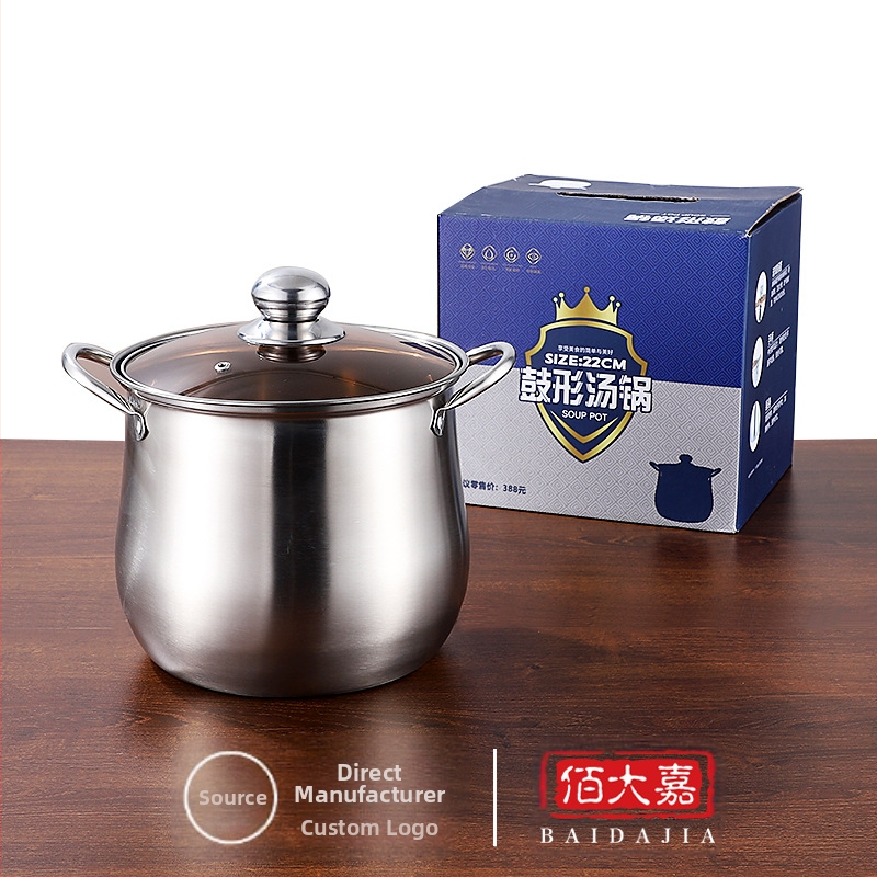 Gyári közvetlen beszerzésű rozsdamentes acél levesesfazék, ív alakú, nagy kapacitású, 22 cm magas levesesfazék, üzleti ajándék, lóbanda ajándék levesesfazék