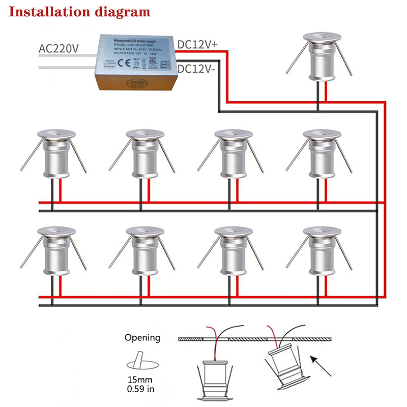 1W LED mini allvalgusti 9 komplekti 12V toiteallikaga 1 piiriülene küttehõbedane must tähekujuline lamp