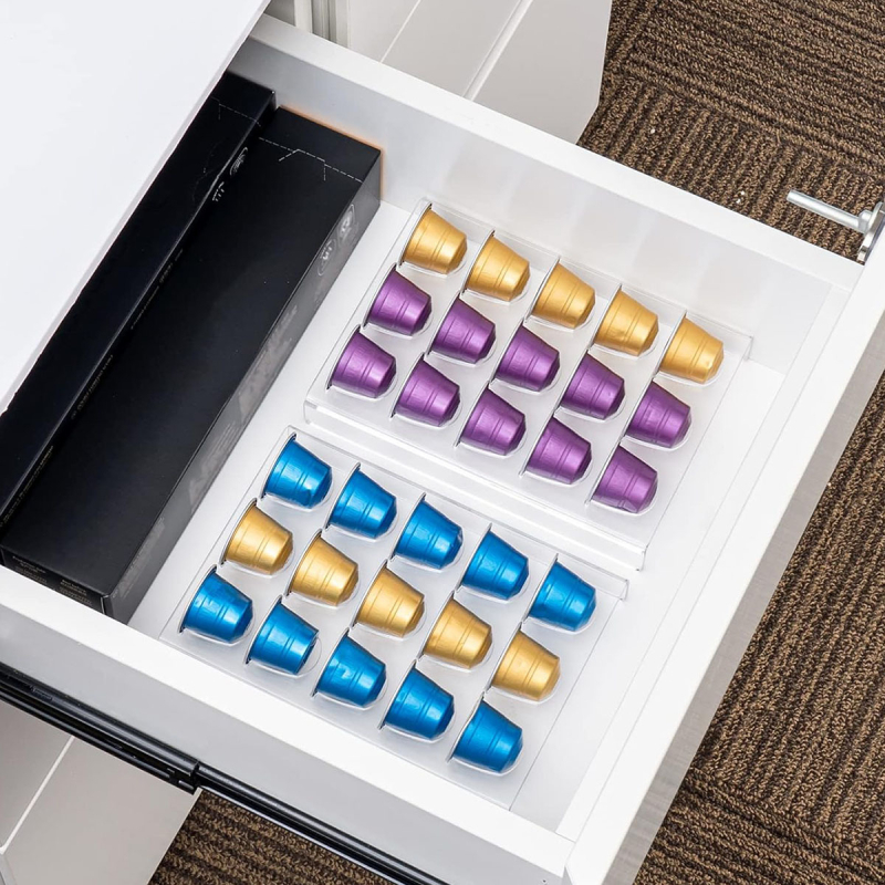 Piiriülene akrüülist painutuskohvikapsli riiul läbipaistev köögikohviku baarikapi sahtli viimistlusriiul