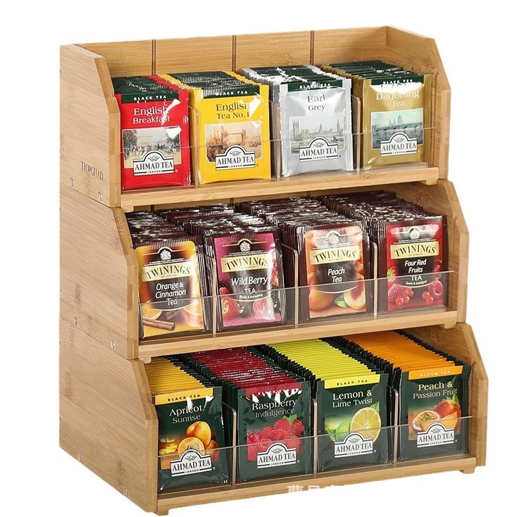 Cutie de depozitare pentru pliculețe de ceai din bambus, cu trei straturi, pentru pliculețe de cafea, raft pentru depozitarea cafelei, stație de cafea, cameră de ceai, capsule de cafea, cutie de depozitare