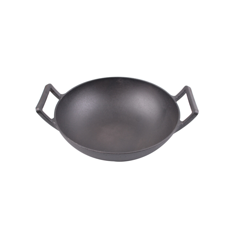 Tehase hulgimüük katmata suur wok-pann paksendatud köögimööbli mittenakkuva panniga topeltkõrvaga pann vanaaegne malmist wok-majapidamises kasutatav rauast pann