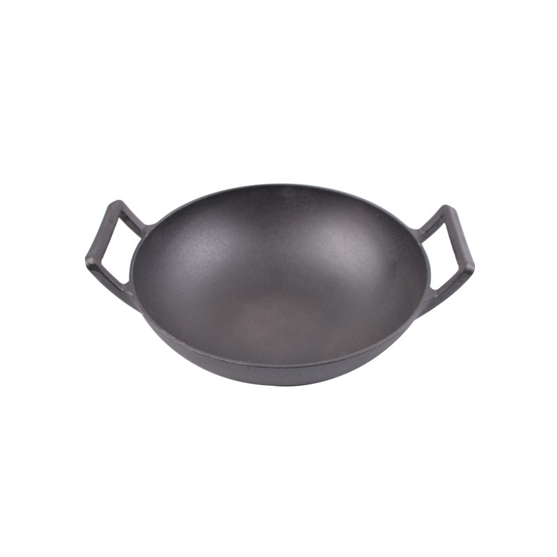 Tehase hulgimüük katmata suur wok-pann paksendatud köögimööbli mittenakkuva panniga topeltkõrvaga pann vanaaegne malmist wok-majapidamises kasutatav rauast pann