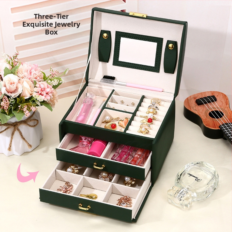 Határon átnyúló ingyenes szállítás háromrétegű bőr ékszerdoboz dupla fiókos ékszer fülbevaló nyaklánc ékszer egyszerű skandináv stílusú vastagító