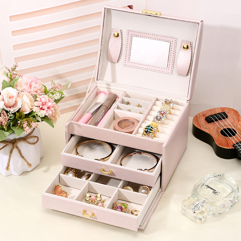 Határon átnyúló ingyenes szállítás háromrétegű bőr ékszerdoboz dupla fiókos ékszer fülbevaló nyaklánc ékszer egyszerű skandináv stílusú vastagító