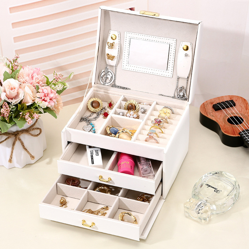 Határon átnyúló ingyenes szállítás háromrétegű bőr ékszerdoboz dupla fiókos ékszer fülbevaló nyaklánc ékszer egyszerű skandináv stílusú vastagító