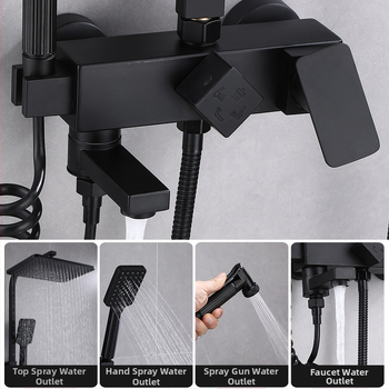 Juodas termostatinis dušo komplektas, visas varinis, karšto ir šalto vandens maišymo vožtuvas, vonios kambario stiprintuvo dušas, vonios kambario tarpvalstybinė didmeninė prekyba