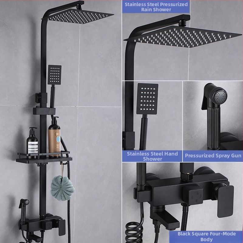 Juodas termostatinis dušo komplektas, visas varinis, karšto ir šalto vandens maišymo vožtuvas, vonios kambario stiprintuvo dušas, vonios kambario tarpvalstybinė didmeninė prekyba