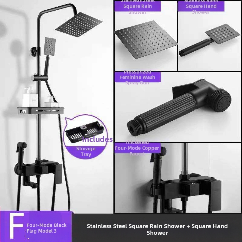 Juodas termostatinis dušo komplektas, visas varinis, karšto ir šalto vandens maišymo vožtuvas, vonios kambario stiprintuvo dušas, vonios kambario tarpvalstybinė didmeninė prekyba
