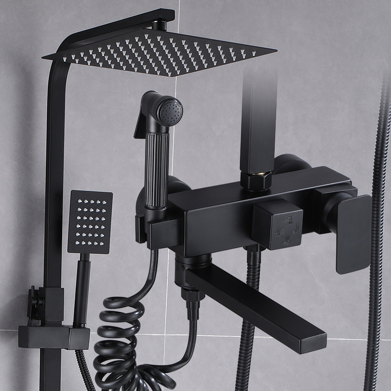 Juodas termostatinis dušo komplektas, visas varinis, karšto ir šalto vandens maišymo vožtuvas, vonios kambario stiprintuvo dušas, vonios kambario tarpvalstybinė didmeninė prekyba