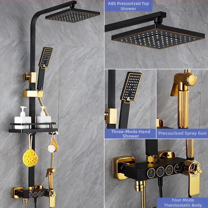 Juodas termostatinis dušo komplektas, visas varinis, karšto ir šalto vandens maišymo vožtuvas, vonios kambario stiprintuvo dušas, vonios kambario tarpvalstybinė didmeninė prekyba