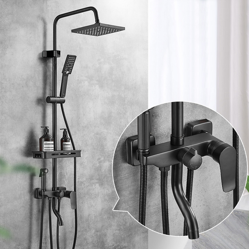 Juodas termostatinis dušo komplektas, visas varinis, karšto ir šalto vandens maišymo vožtuvas, vonios kambario stiprintuvo dušas, vonios kambario tarpvalstybinė didmeninė prekyba