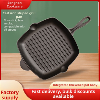 Дебел чугунен тиган за пържоли с дървена дръжка, домакински незалепващ тиган за пържоли без покритие, квадратен тиган