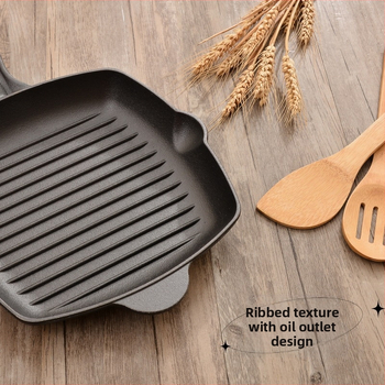 Τετράγωνο τηγάνι για μπριζόλες με χοντρό χυτοσίδηρο και ξύλινη λαβή, χωρίς επίστρωση, αντικολλητικό τηγάνι για μπριζόλες