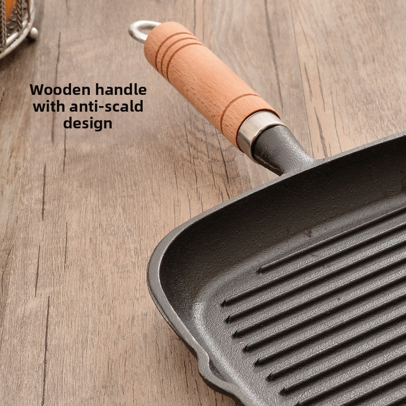 Дебел чугунен тиган за пържоли с дървена дръжка, домакински незалепващ тиган за пържоли без покритие, квадратен тиган