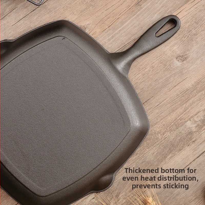 Дебел чугунен тиган за пържоли с дървена дръжка, домакински незалепващ тиган за пържоли без покритие, квадратен тиган