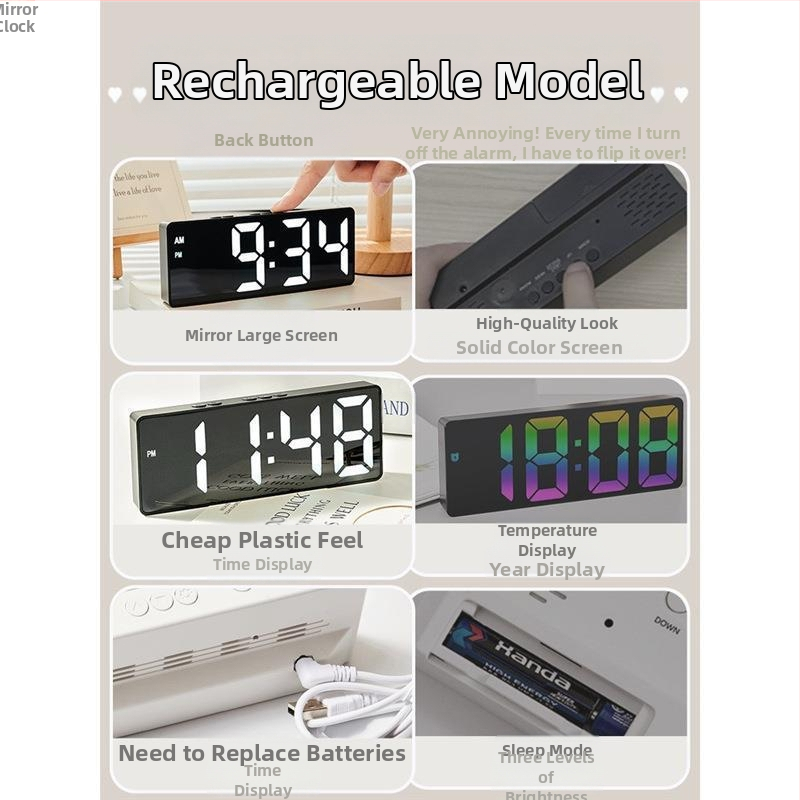Ceas deșteptător cu oglindă, afișaj orar, studenții folosesc pendulul pentru birou, inteligent, 2024, electronic, digital, nou