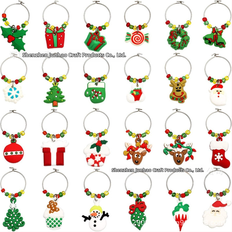 Gamintojo paruoštas kalėdinis vyno taurės žiedas su PVC minkštais klijais, vyno taurės žiedų rinkinys, kalėdinis vyno taurės identifikatorius, vakarėlio dekoravimas