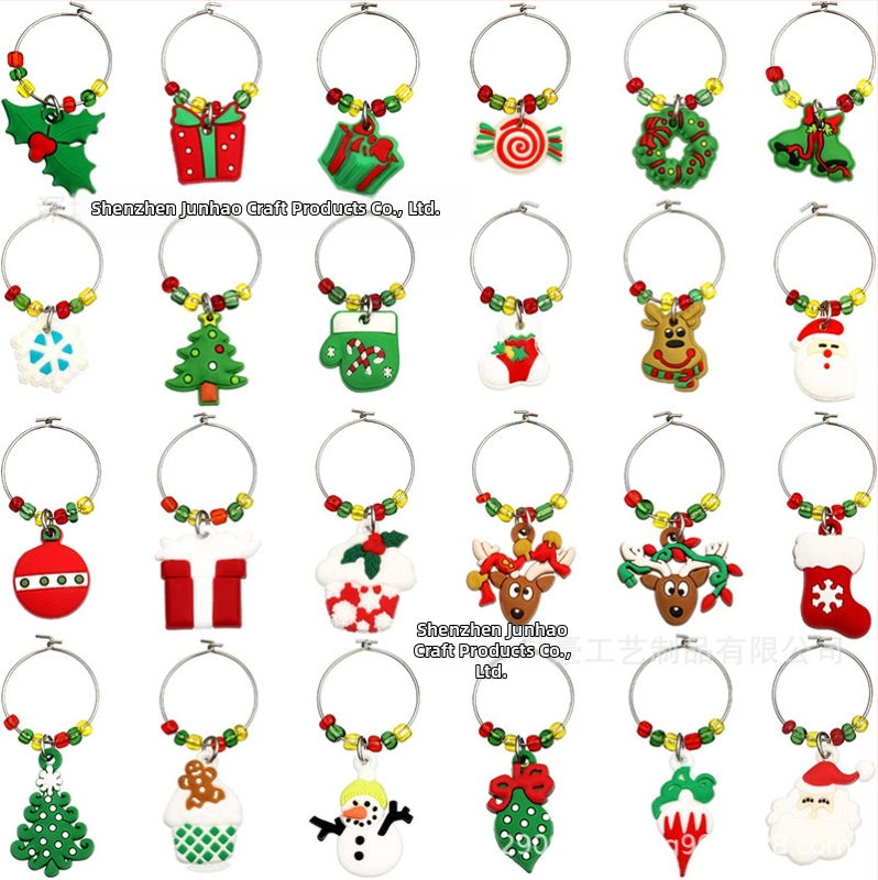 Gamintojo paruoštas kalėdinis vyno taurės žiedas su PVC minkštais klijais, vyno taurės žiedų rinkinys, kalėdinis vyno taurės identifikatorius, vakarėlio dekoravimas