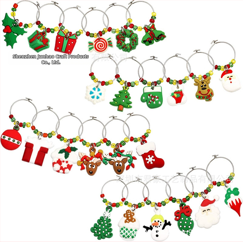 Готов коледен пръстен за вино от производителя, комплект пръстени за вино от PVC меко лепило, коледен идентификатор за вино, парти декорация