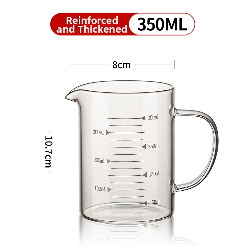 Matavimo puodelis iš didelio borosilikatinio stiklo, su pastorinta rankena, permatomas graduotas puodelis, tinkamas naudoti mikrobangų krosnelėje, paprasto dizaino, didelė pieno talpa, atsparus aukštai temperatūrai