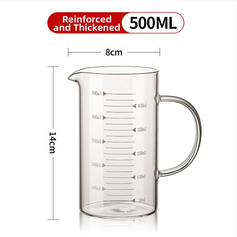 Matavimo puodelis iš didelio borosilikatinio stiklo, su pastorinta rankena, permatomas graduotas puodelis, tinkamas naudoti mikrobangų krosnelėje, paprasto dizaino, didelė pieno talpa, atsparus aukštai temperatūrai