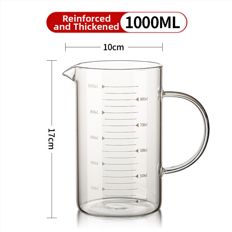 Matavimo puodelis iš didelio borosilikatinio stiklo, su pastorinta rankena, permatomas graduotas puodelis, tinkamas naudoti mikrobangų krosnelėje, paprasto dizaino, didelė pieno talpa, atsparus aukštai temperatūrai