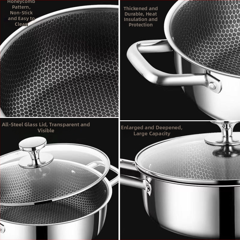 Незалепваща тенджера с пчелна пита, непокрита с незалепващо покритие, тенджера за супа от неръждаема стомана с голям капацитет, двуслойна параходка, домакинска индукционна печка, универсална гореща тенджера