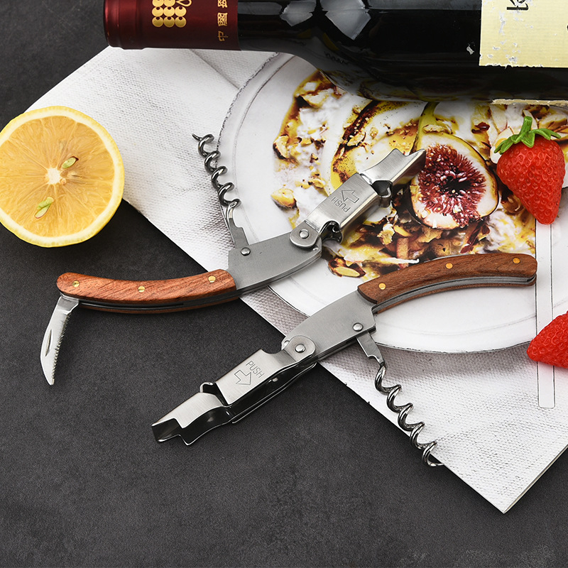 Daugiafunkcis vyno atidarytuvas iš nerūdijančio plieno, jūrų arkliuko formos, raudonojo vyno ir alkoholinių gėrimų butelių atidarytuvas, raudonmedžio rankena, vyno butelių atidarytuvas