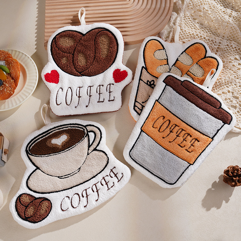 Piiriülene uus kohvimustriga rätik paksendatud korallfliisist tikandiga armas käsitsi valmistatud köögirätiku eksport